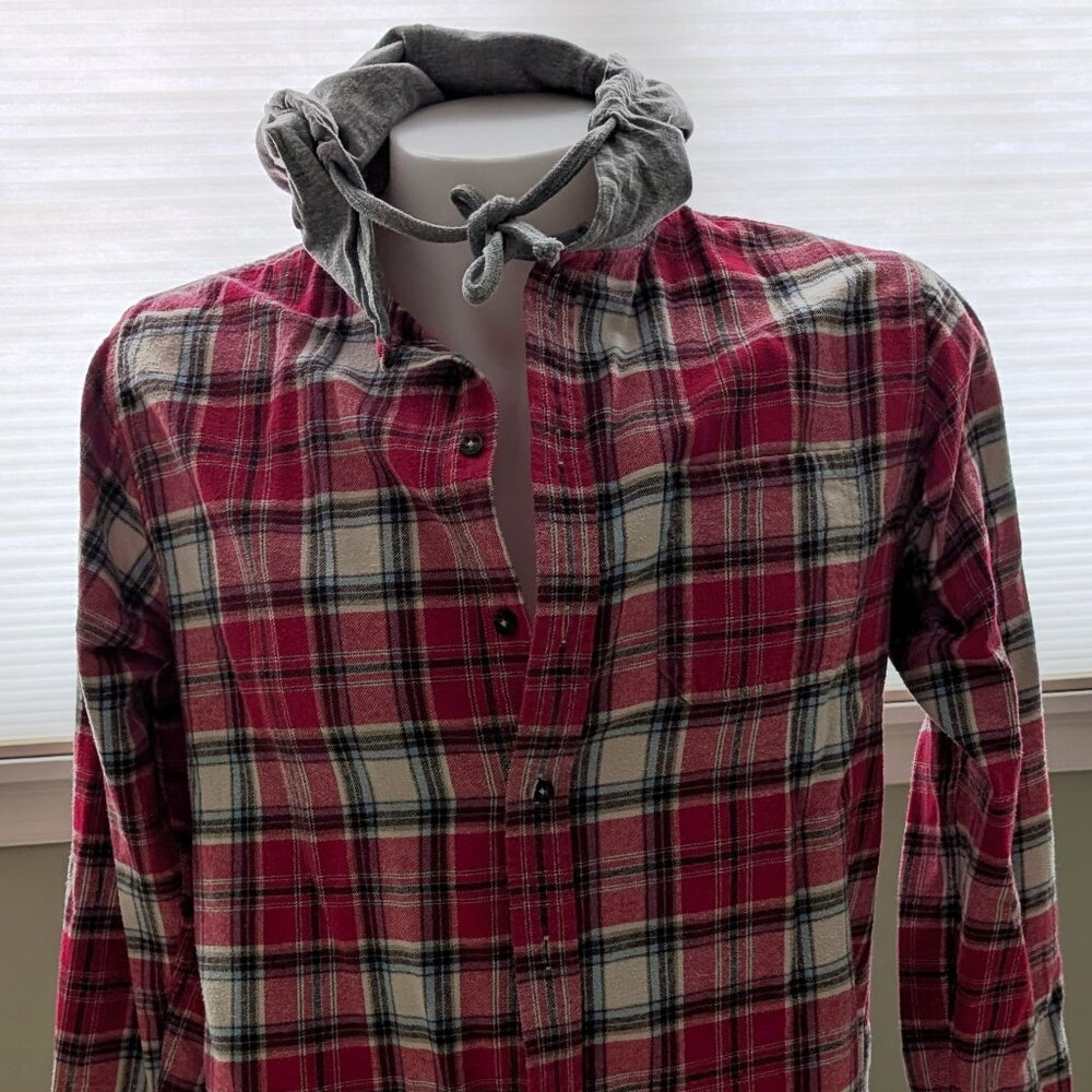 Plaid Checked Hoodie Flannel Shirt - Size L